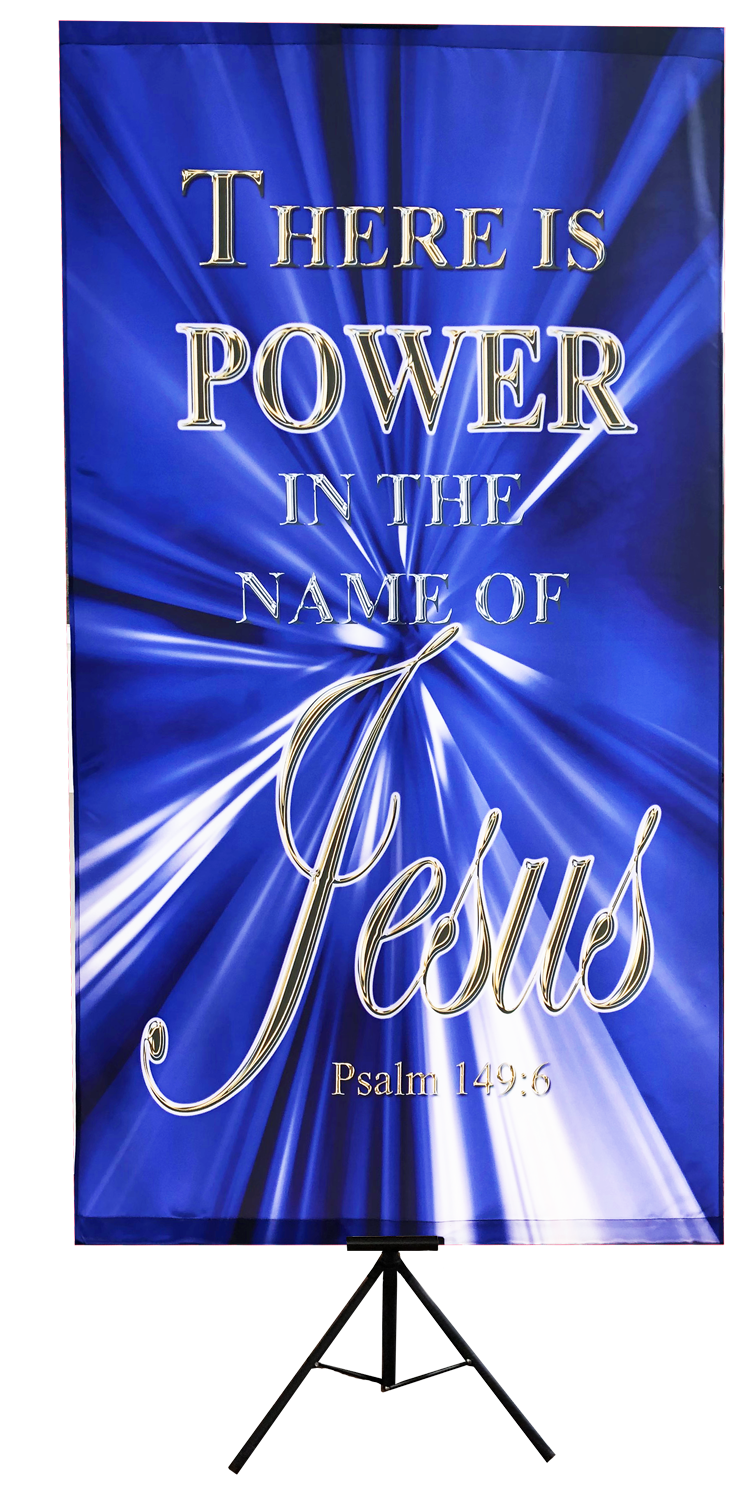 There is Power in the Name of Jesus Blue Vertical Wall Banner