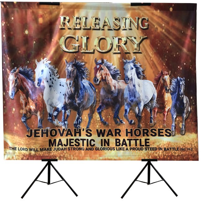 Releasing Glory Jehovah's War Horses Majestic in Battle Horitzontal Banner